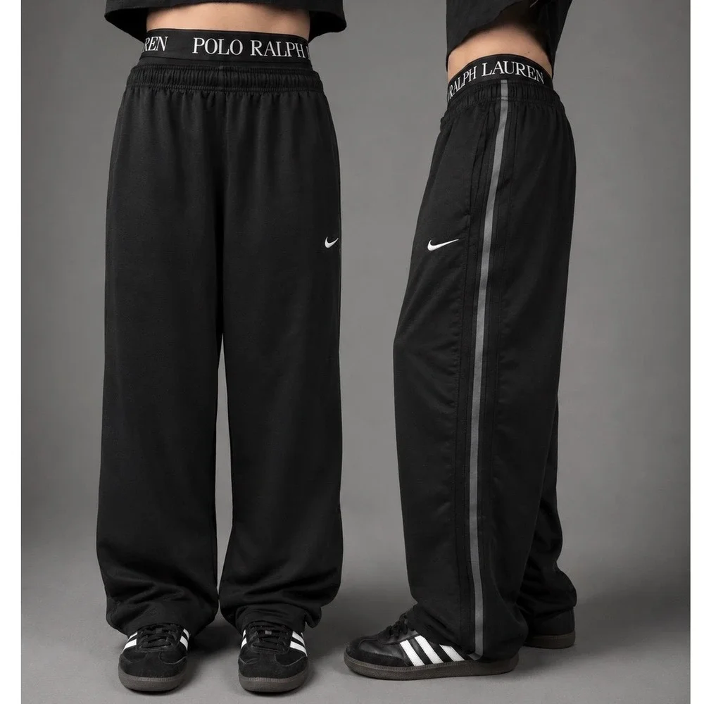 Nike Mens Vintage XL Baggy Track Pants Black Grey Stripe Y2K Loose Sweatpants